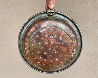 Heavy Vintage Copper Collander Strainer Shallow with Rolled Edges, Rivet Hanger Gallery Wall