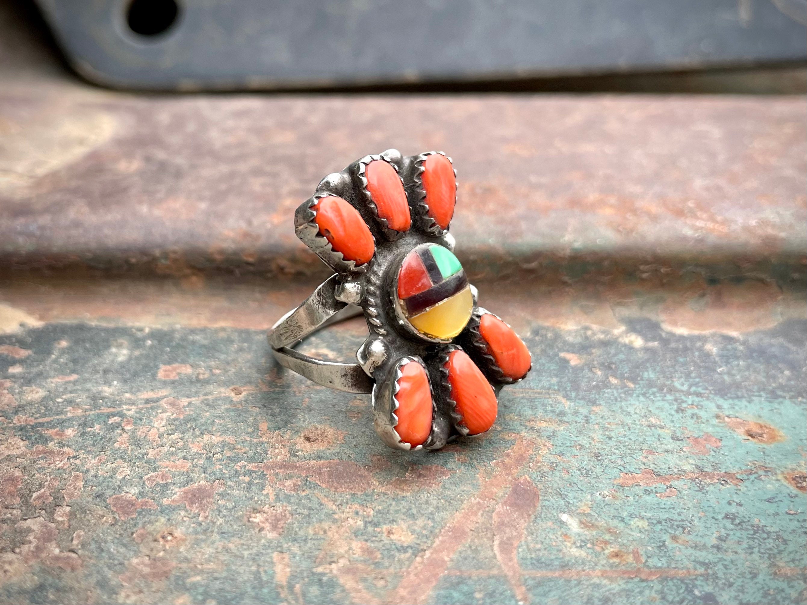Traditional Vintage Native American Zuni Turquoise Coral Sterling Silver Sunface Ring Traditional Vintage Native American Zuni Turquoise Coral Sterling Silver Sunface Ring