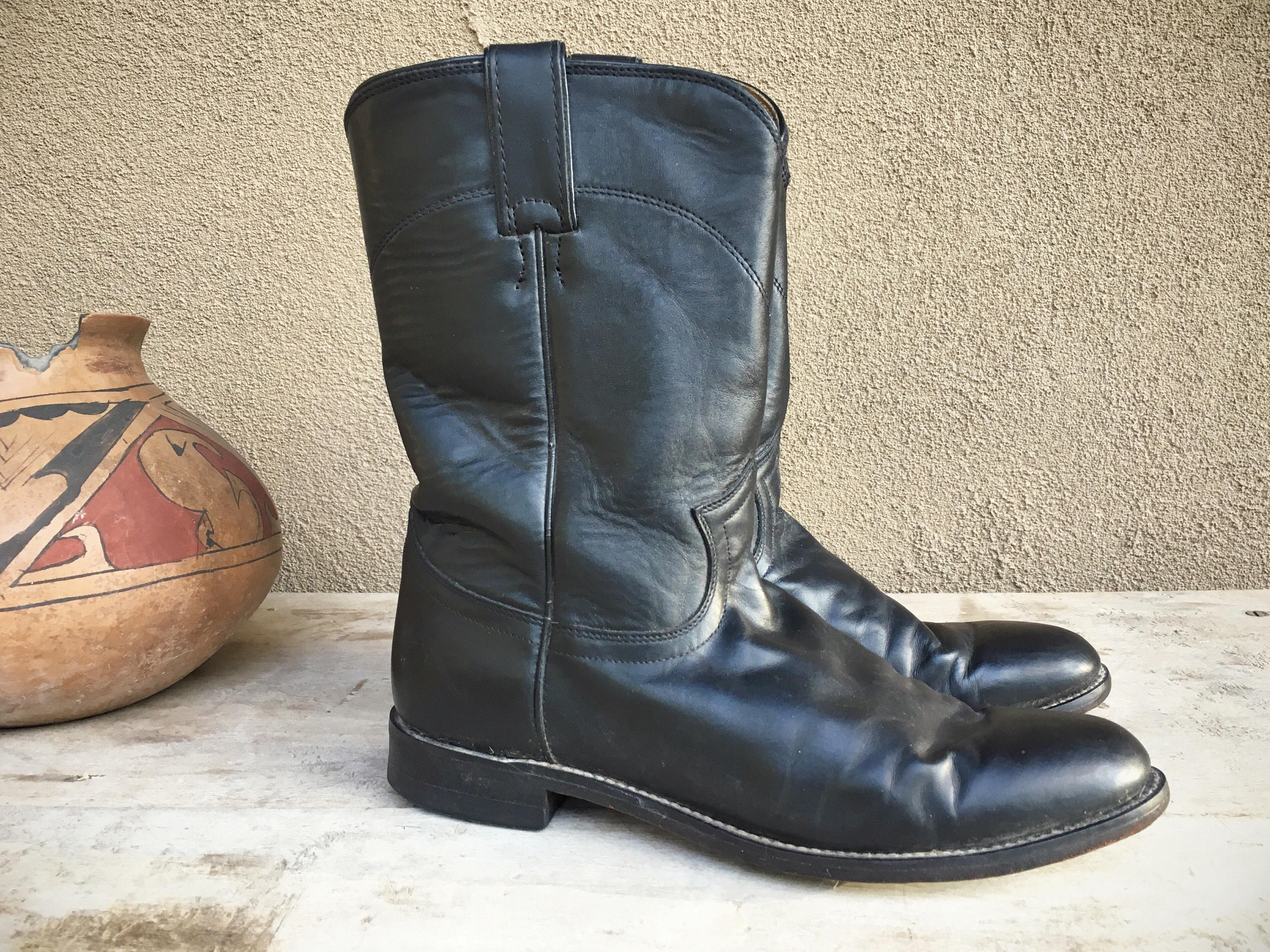 Vintage black leather cowboy boots Women's size 9 B Justin Ropers short ...