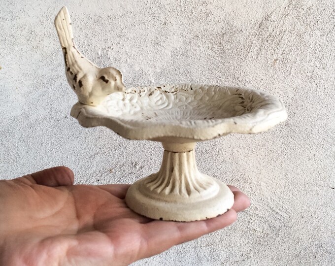 Small Vintage Cast Iron Bird Bath Trinket Dish, Miniature Iron Bird ...