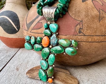Navajo Joe Piaso Jr. Large Turquoise Spiny Oyster Cross Pendant Necklace 23"