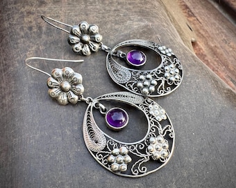 Federico Jimenez Amethyst Filigree Sterling Silver Earrings