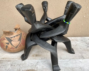 Vintage Hand Carved Five Head Unity Sculpture Table Stand, Made in Ghana, Baobab Wood Interlocking