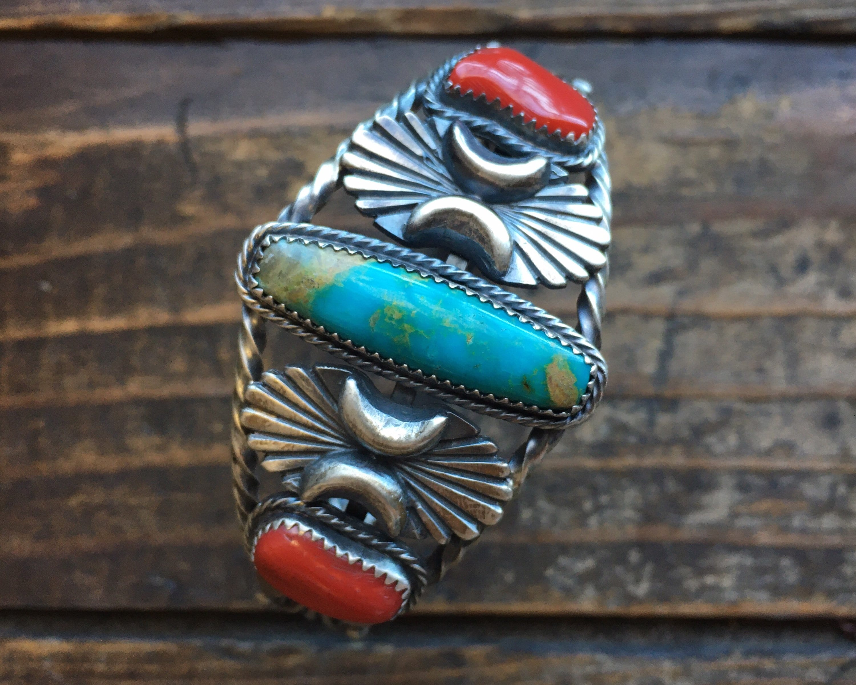 Turquoise and Coral Cuff Bracelet Sterling Silver, Native American Indian Jewelry