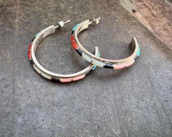 Vintage Zuni Nastacio Multi-Stone Inlay Half Hoop Earrings, Coral MOP Black Onyx