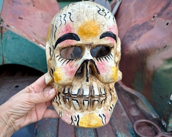 Vintage Mexican Folk Art Wooden Skull Mask, Carved & Painted, Day of Dead Skeleton Calavera