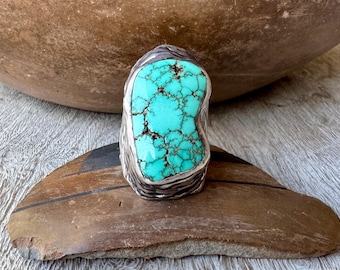 Heavy Spiderweb Turquoise Signet Ring Size 7.5, Sculptural Sterling Silver