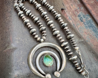 Sterling Silver Turquoise Naja Pendant on Navajo Pearls Necklace, Signed J, 91g