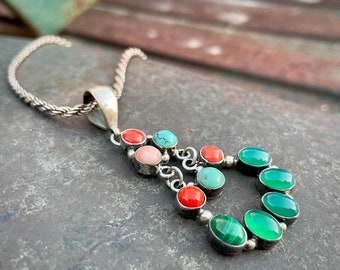 Vintage Sterling Silver Chrysoprase Multi-Stone Cluster Pendant on Chain Necklace Approx 16"