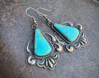 Vintage Navajo Leon Martinez Turquoise Dangle Earrings, Revival Sterling Silverwork