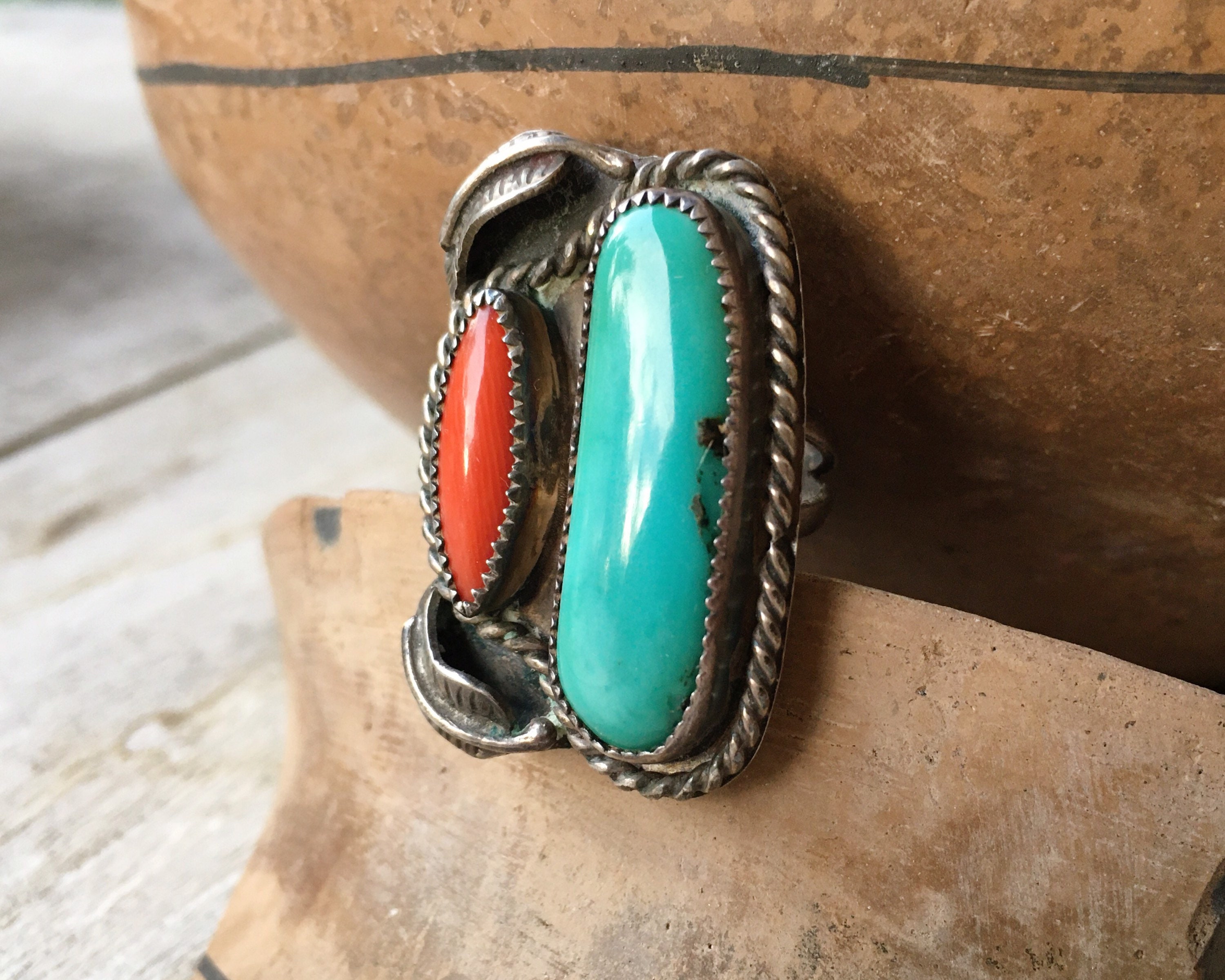 Coral Turquoise Ring Size 7.25 for Women, Native America Indian