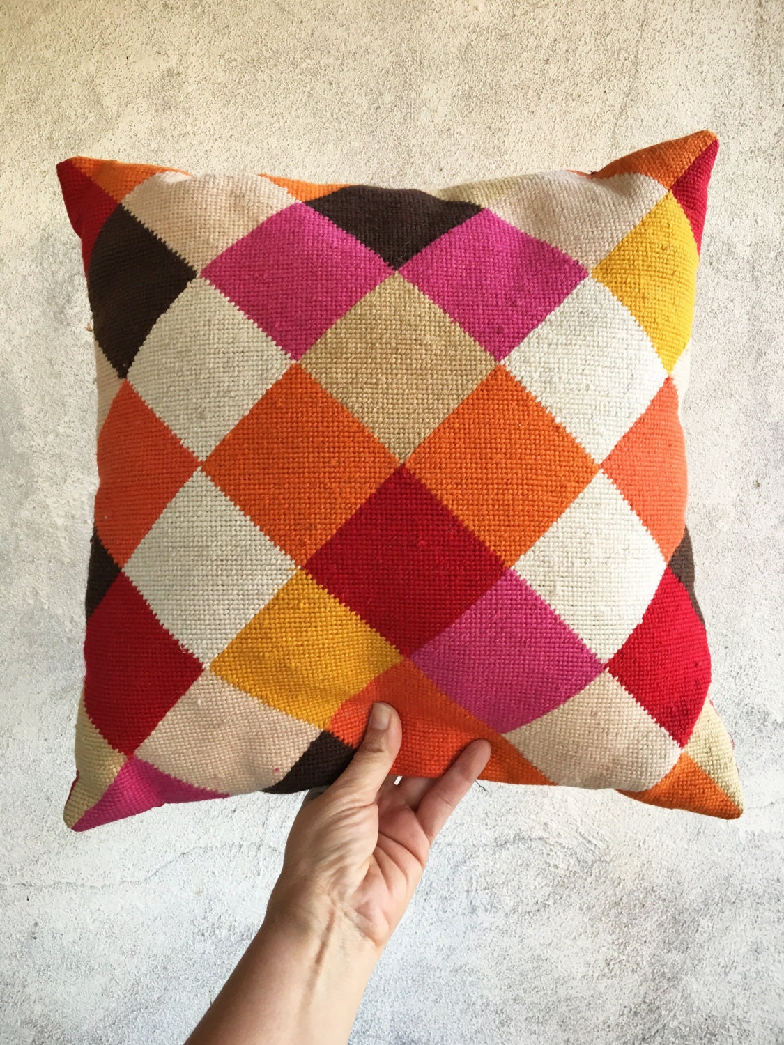 Midcentury modern MOD throw pillow 16 x 16 geometric needlepoint pillow