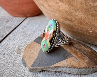 Sterling Silver Turquoise Tiger's Eye Multi-Stone Channel Inlay Ring 7.25, Signet Style