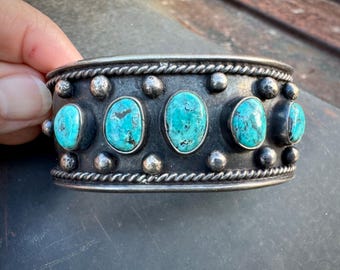 Vintage Five Stone Turquoise Row Cuff Bracelet Approx Size 6.5, Navajo Jewelry Southwestern
