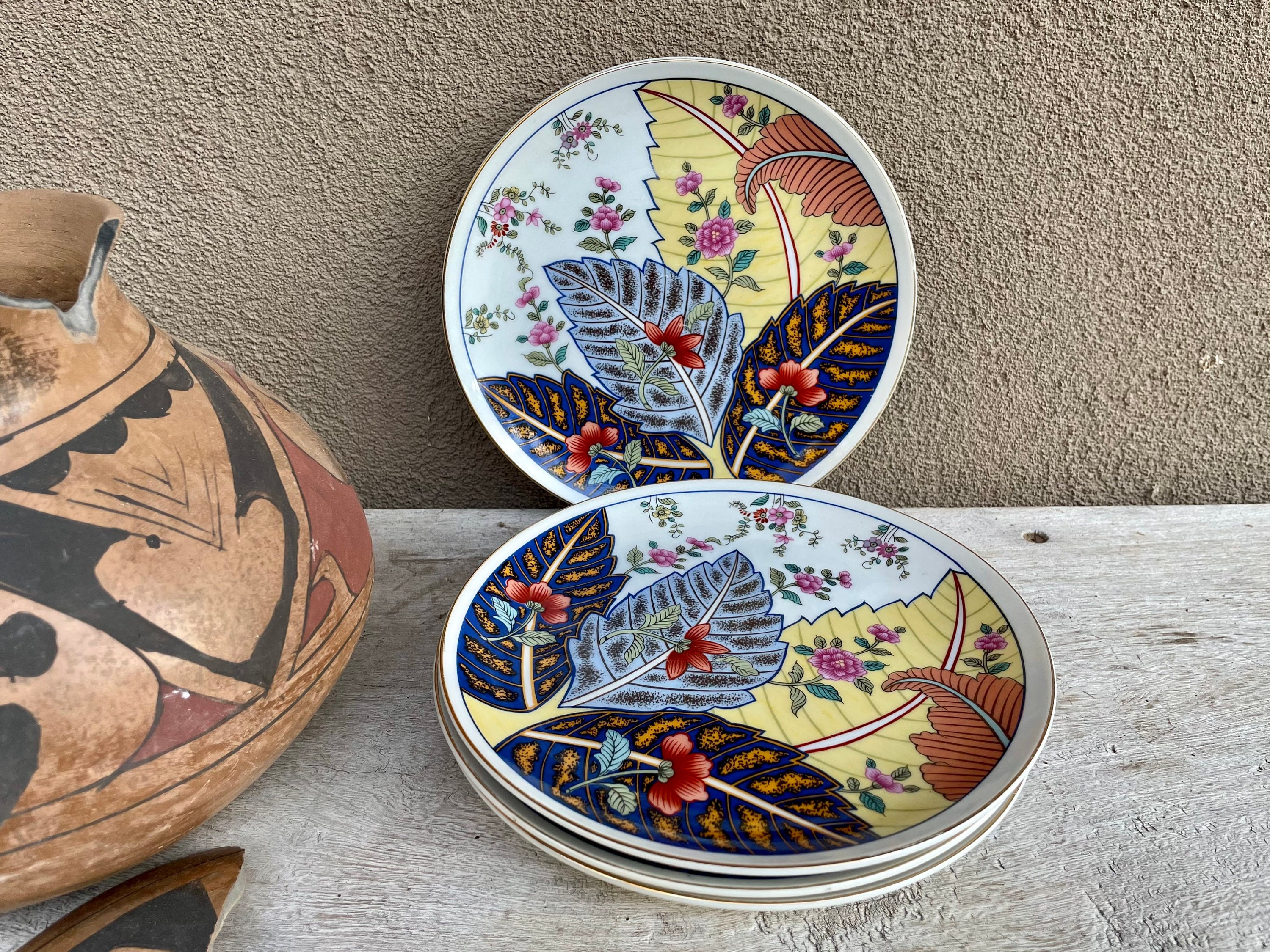 Four Vintage Tobacco Leaf Pattern Porcelain 7.5 Salad Plates by Mann