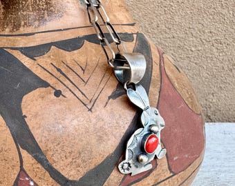 Chimney Butte Sterling Silver Coral Rabbit Pendant Approx 1" x 2" on Paperclip Chain 24"