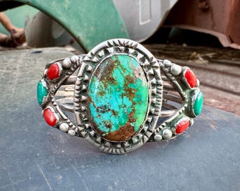 1947 Turquoise Coral Bracelet (Repaired) Approx Size 6-5/8, Historical Native American Jewelry