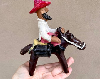 Vintage Pottery Folk Art Cowboy on Horse, Native American Indian Folk Art, Shelf Decor Primitive