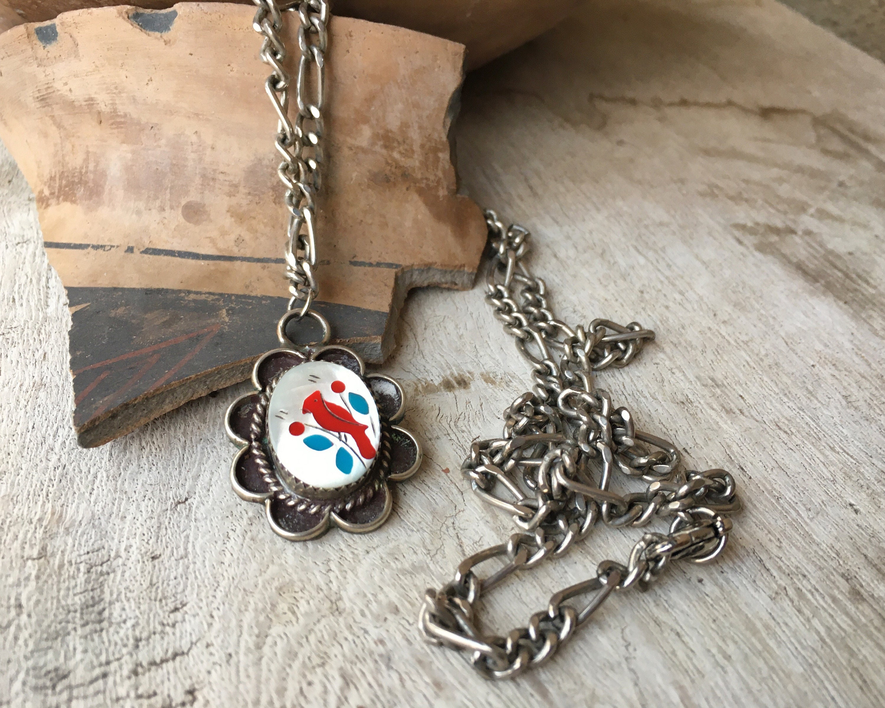 1970s Zuni Red Cardinal Inlay Pendant on Heavy Chain, Native American