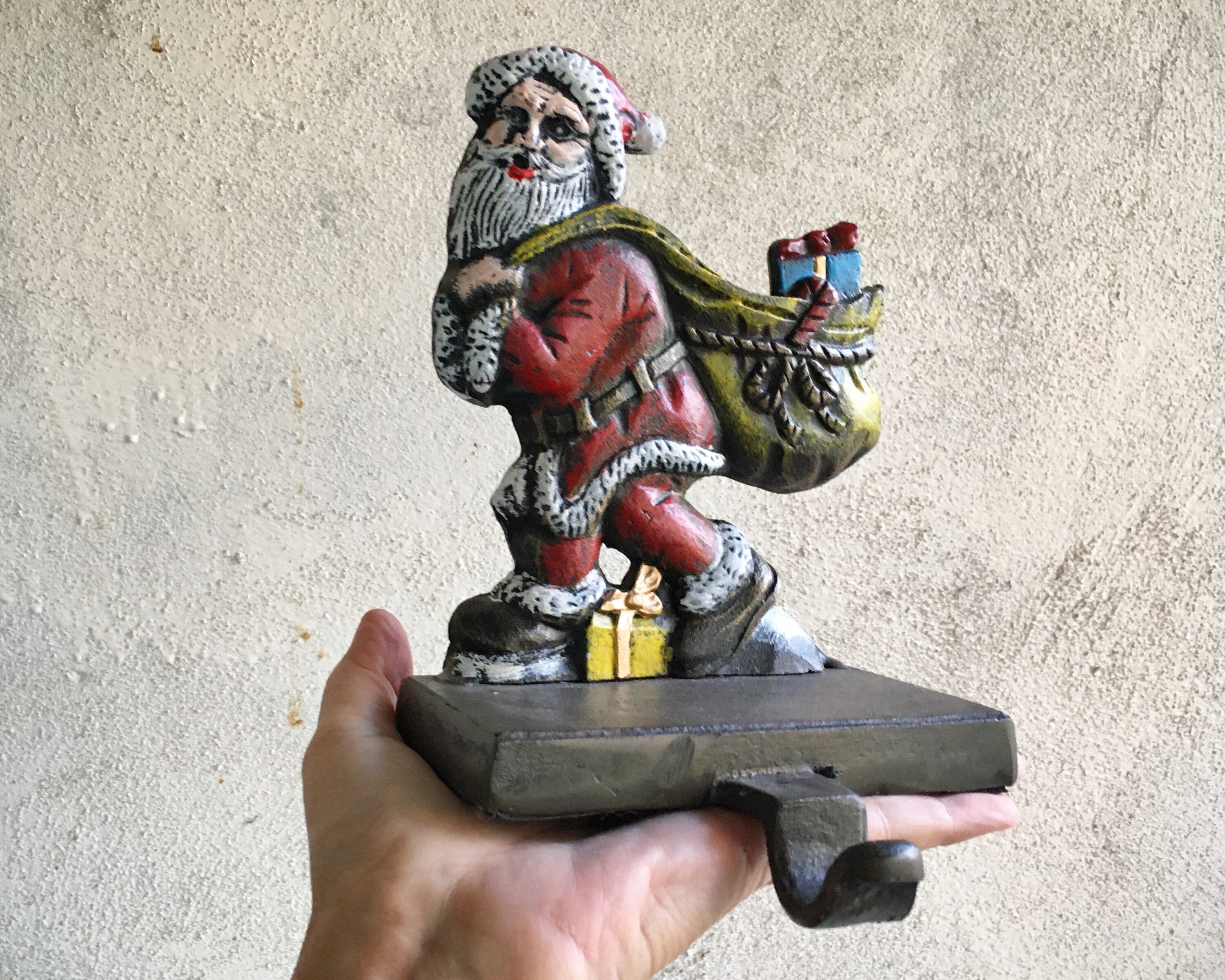 Three Cast Iron Santa Claus Stocking Holders for Mantle, Vintage