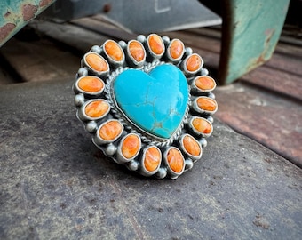 Blue Turquoise Orange Spiny Oyster Heart Ring Size 8.5 by Navajo Geraldine James, Big Bold