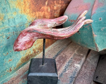 Painted Wooden Hand Sculpture Mounted on Stand, Bali Carving, Ring Holder Jewelry Display