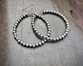 Round Hoop Sterling Silver Bead Earrings 1.75" Diameter, Navajo Pearl Dangles