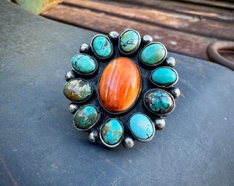 Navajo Bennett & Dreama Yazzie Turquoise Spiny Oyster Cluster Ring Approx Size 7.5