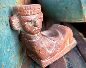 Vintage Mexican Pottery Reproduction Pre Colombian Chac Mool Statue, Primitive Decor