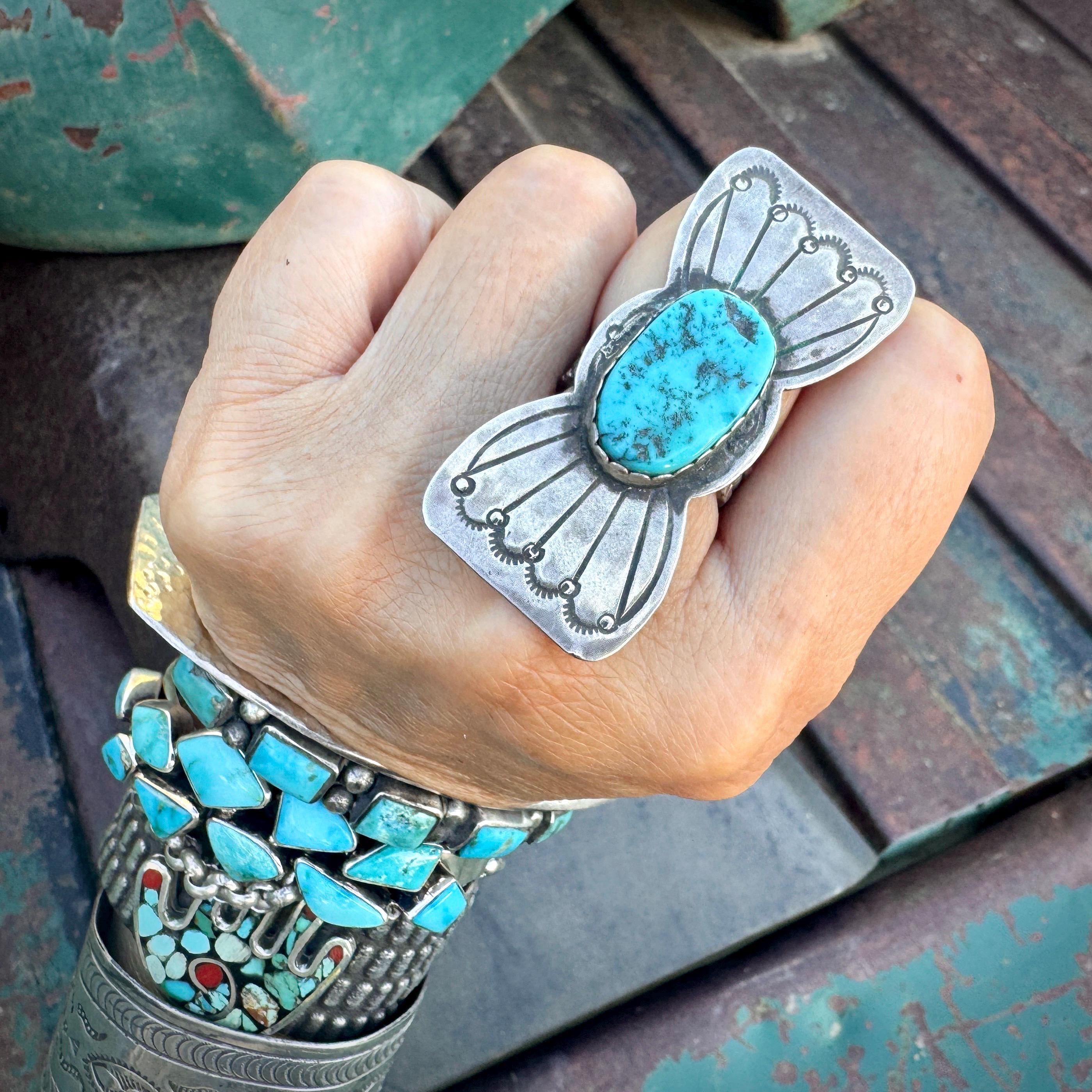 Stamped Sterling Silver Turquoise Concho Ring Size 9, Butterfly