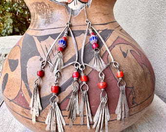 1970s Huge Tribal Dangle Earrings w/ Chevron Trade Beads & Silver Spears (Some Missing)