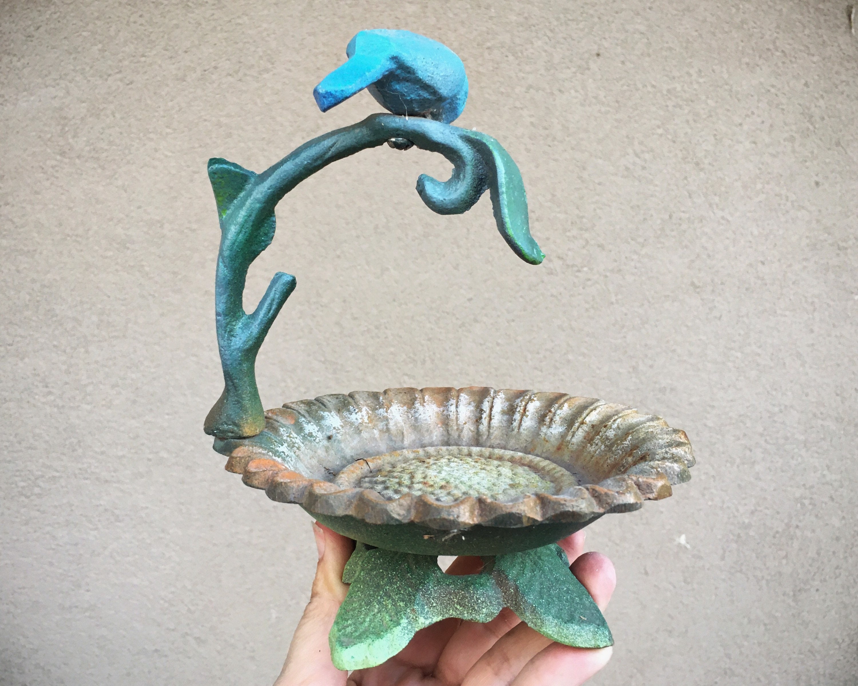 Vintage Rusty Metal Cast Iron Bird Bath, Cottage Garden Decoration