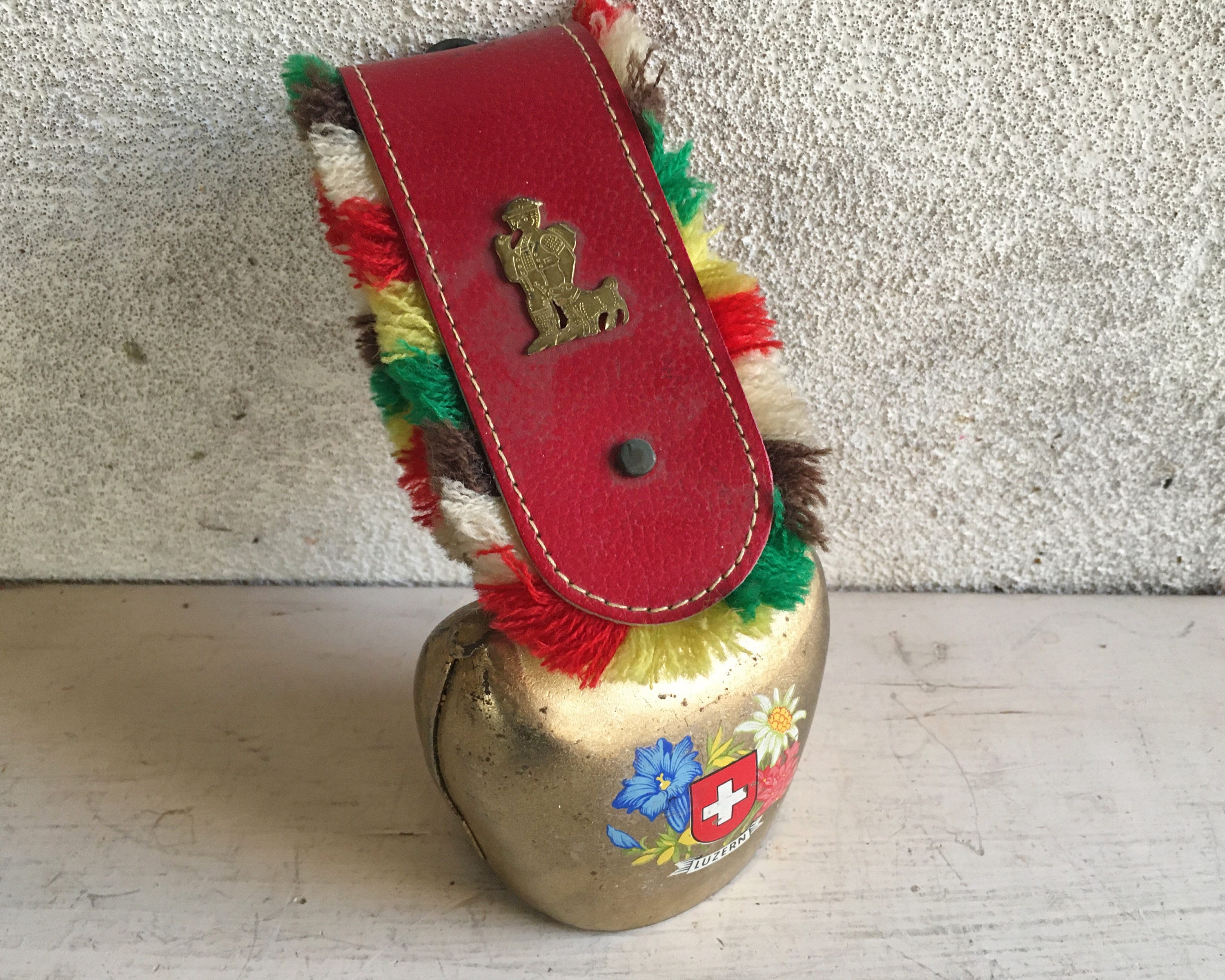 Souvenir Lucerne Swiss Cow Bell on Strap, Barn Salvage Industrial Decor