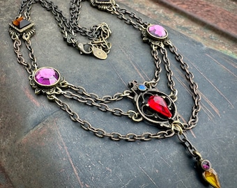 Vintage Robert Rose Multicolor Rhinestone Festoon Necklace, Bronzed Metal, Romantic Style