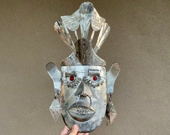 Large 1960s Tin Tourist Mask from Taxco of Mayan or Aztec Face Wall Hanging, Primitive Decor