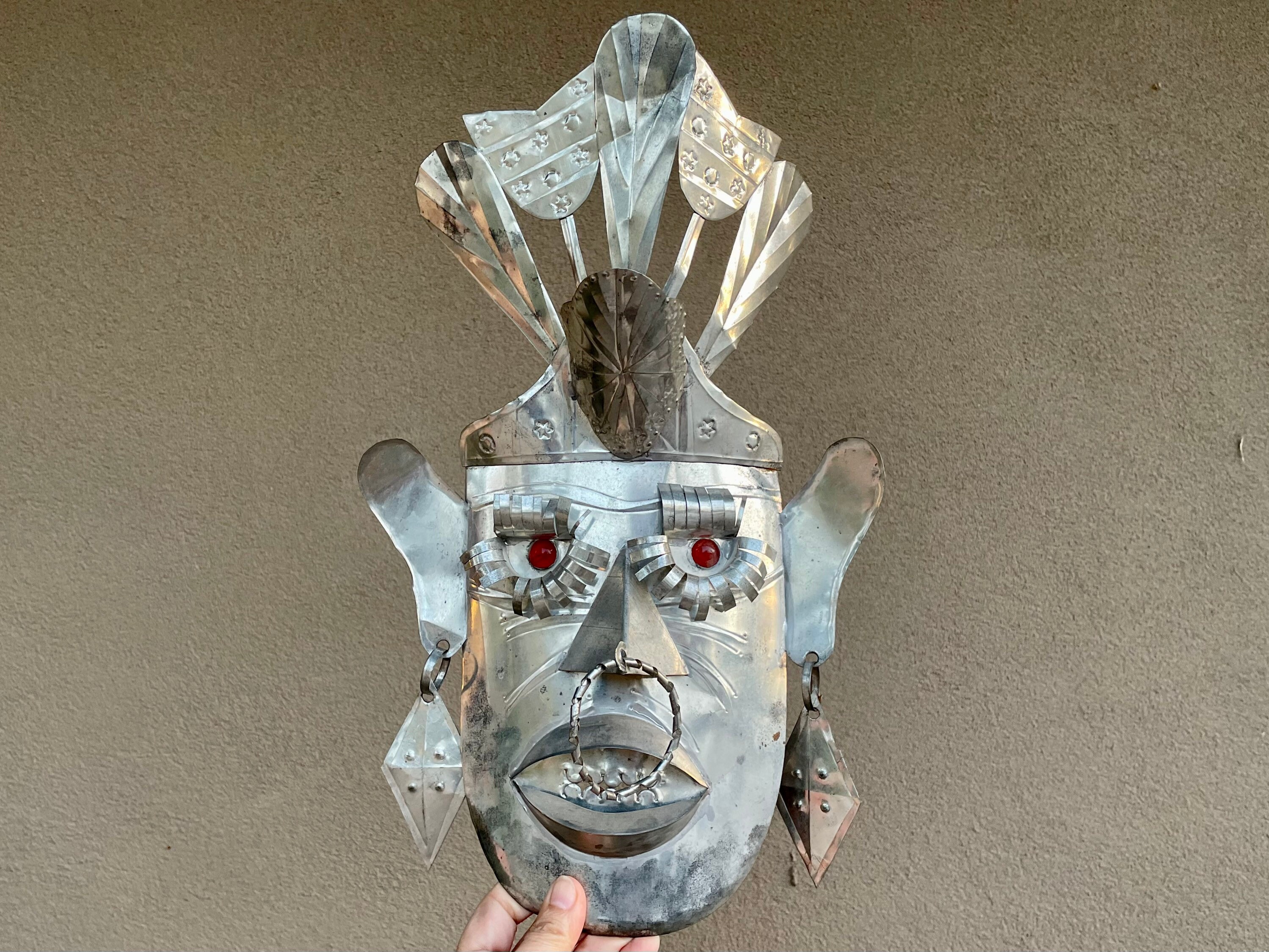 Large 1960s Tin Tourist Mask from Taxco of Mayan or Aztec Face Wall