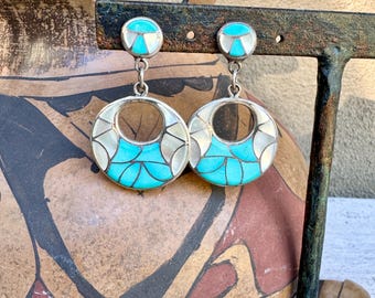 Vintage Zuni Inlay Hoop Earrings by Edison and Laurenda Bobelu, Turquoise Mother of Pearl