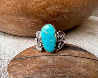 Molten Sterling Silver and Blue Turquoise Ring Approx Size 7, Vintage Southwestern Jewelry