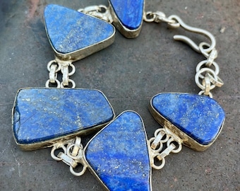 Vintage Lapis Lazuli Link Bracelet 8.25" with Big Stones, Silver Bezels, Bohemian Ethnic Jewelry