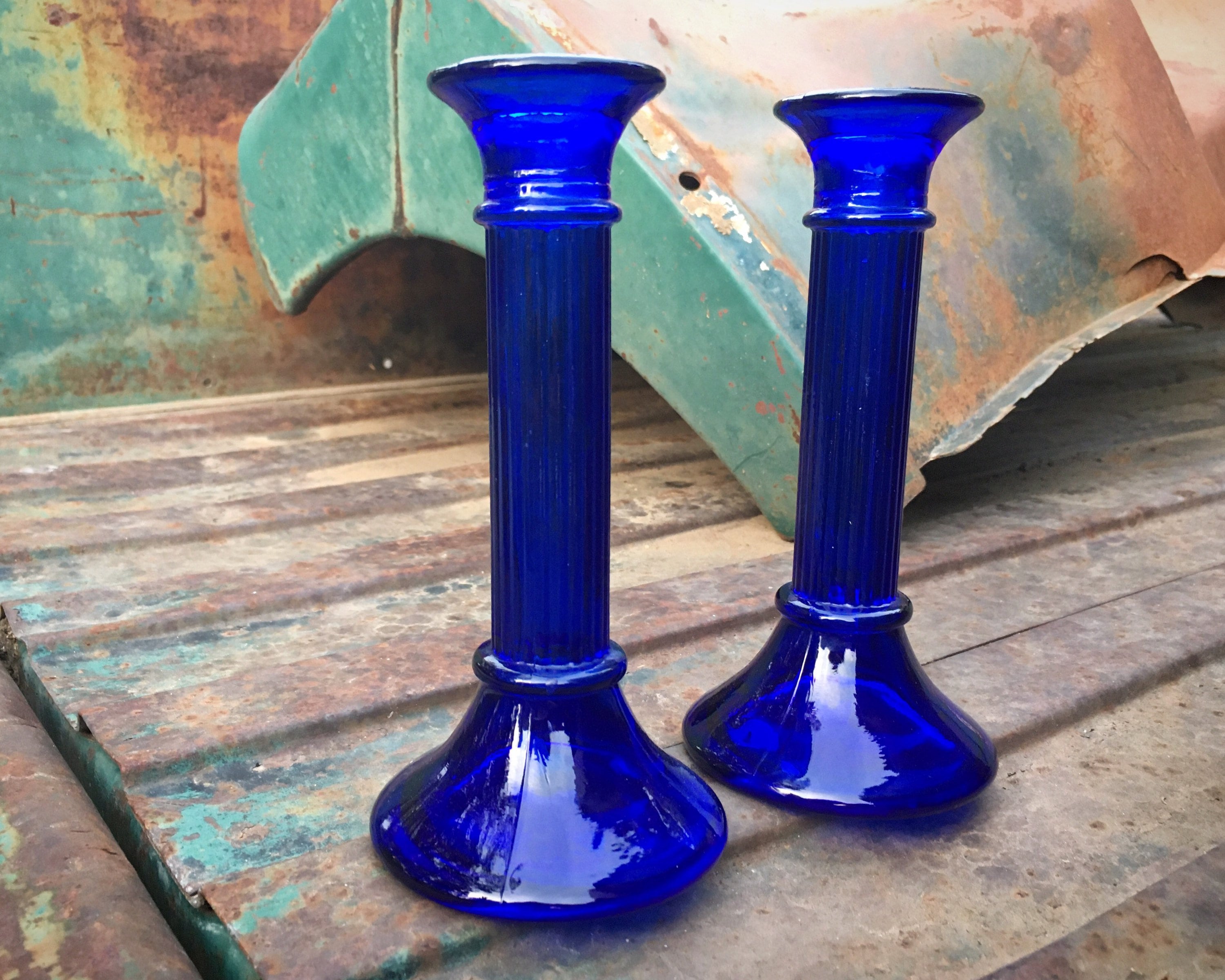 Pair of Vintage Pressed Glass Candlestick Holders Cobalt Blue, Bohemian
