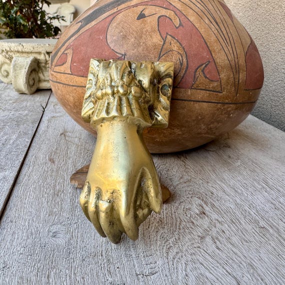 Vintage Brass Door Knocker PM Imprint, Victorian Style Architectural Salvage