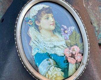 Vintage Lithograph Cut-Out of Victorian Girl in Small Oval Metal Frame Wall Hanging, Cottage Decor