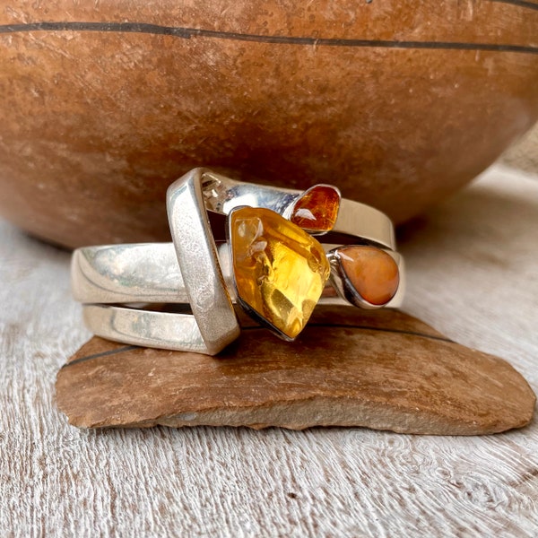 Citrine (Chipped) & Opal Sterling Silver Cuff Bracelet by Lilly Barrack, Contemporary Jewelry Women, Modern Style Gift November Birthstone