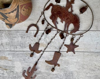 Western Theme Wind Chime Rusty Metal Cow Bells, Cowboy Ranch House Patio Decor, Outdoor Art