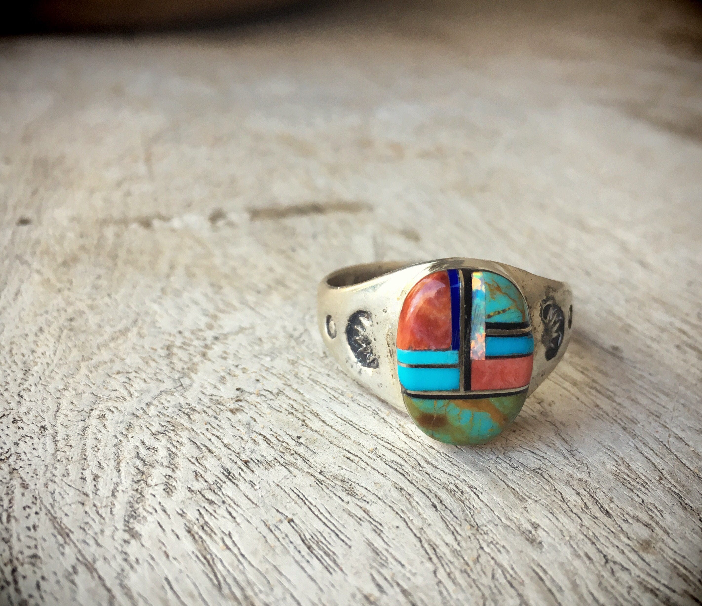 Multi Technique Vintage Navajo Native American Jewelry Silver Channel Turquoise Ring Multi Technique Vintage Navajo Native American Jewelry Silver Channel Turquoise Ring
