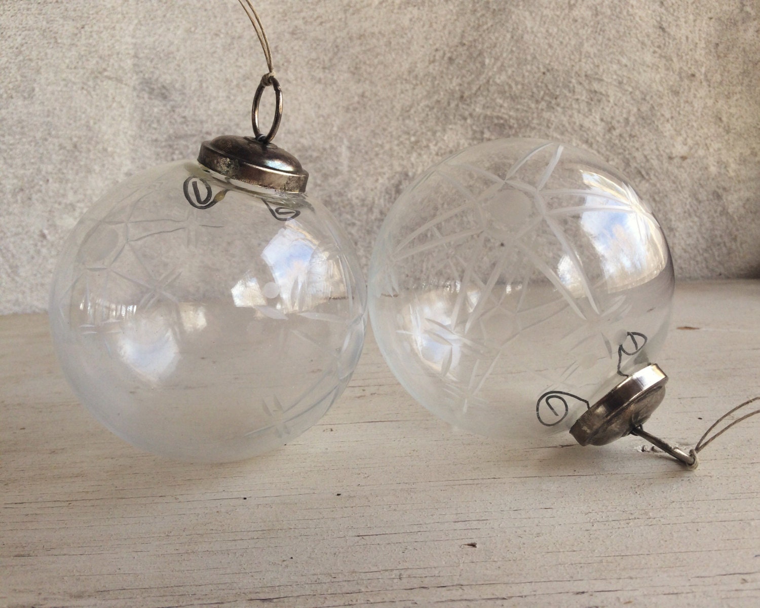 Clear Kugel style orb clear snowflake etched glass Christmas ornament