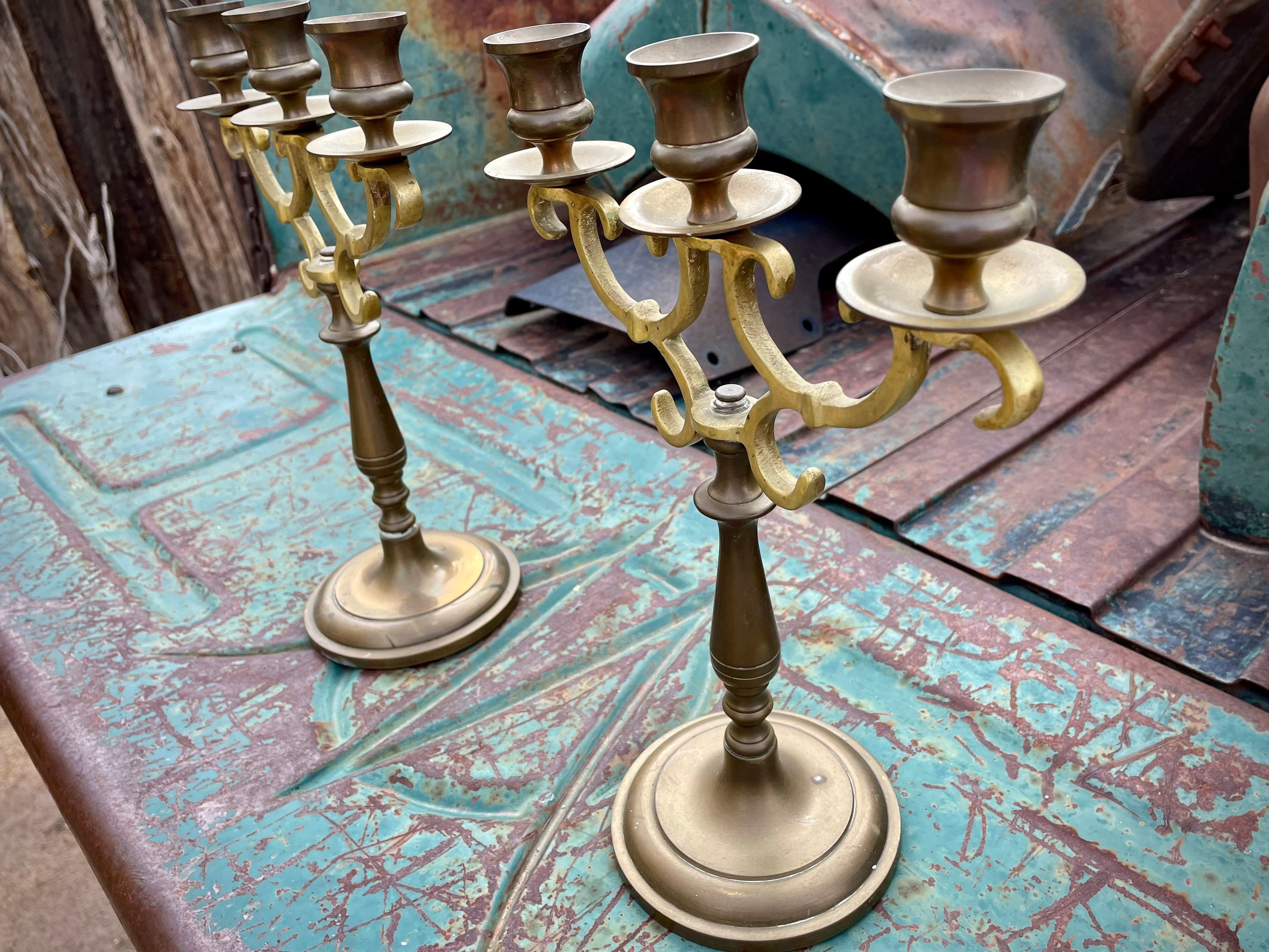 Pair of Two-Tone Brass Metal Candelabra Gothic Style Candle Holder  Centerpiece, Victorian Wedding