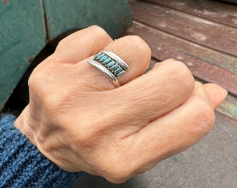 Vintage Dainty Zuni Natural Turquoise Needlepoint Ring Size 7, Native American Jewelry