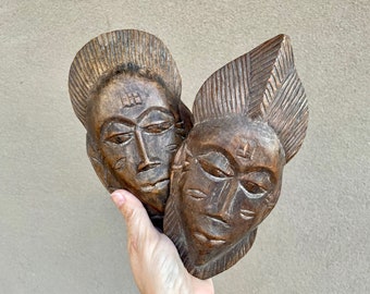 Vintage Pair of Small Carved Wood African Masks Wall Hanging Folk Art, Tribal Tiki Decor