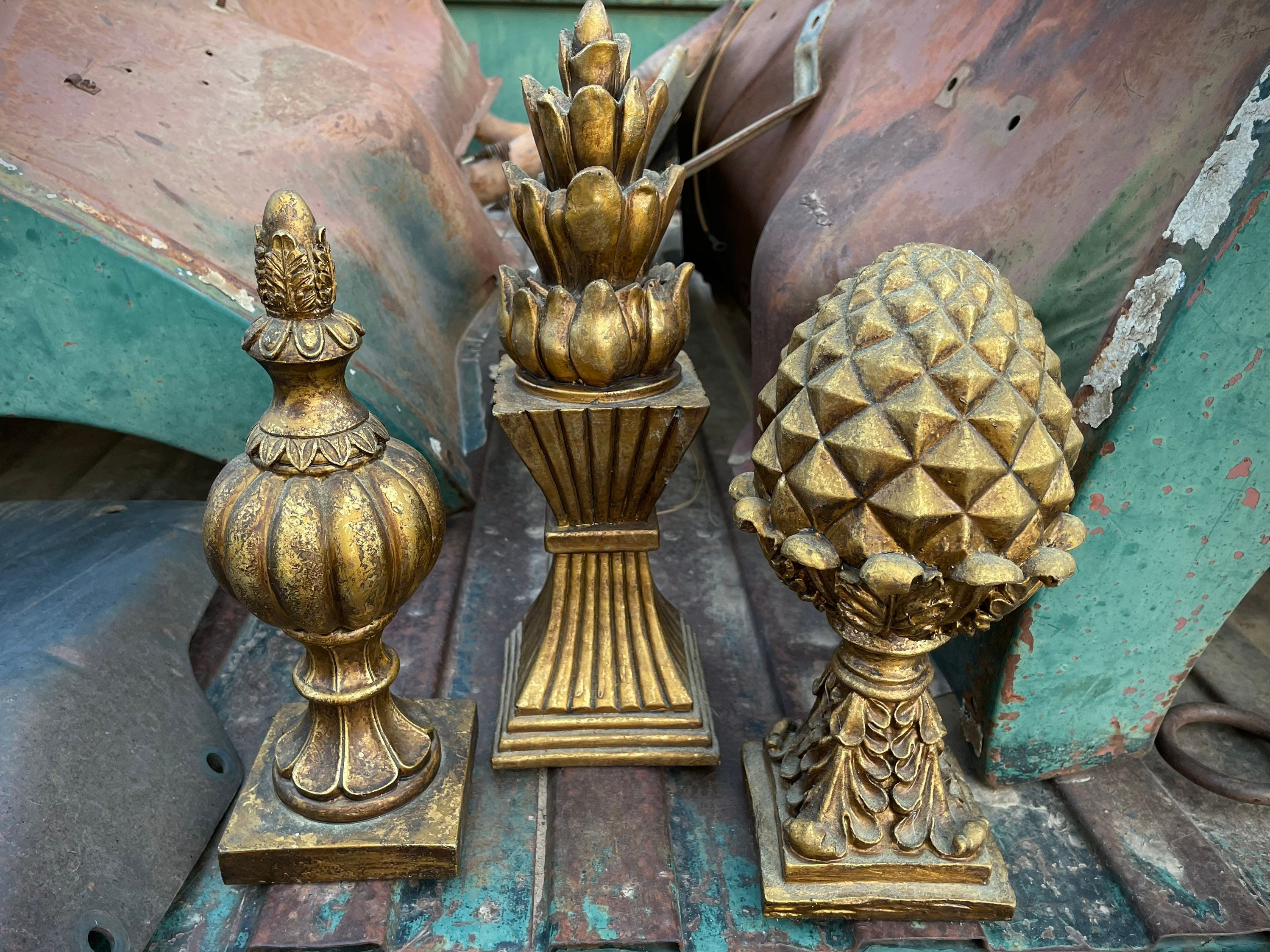 Set of Three Gold-Painted Finial Statues, Lightweight Resin Plaster Acorn  Pineapple, French Decor